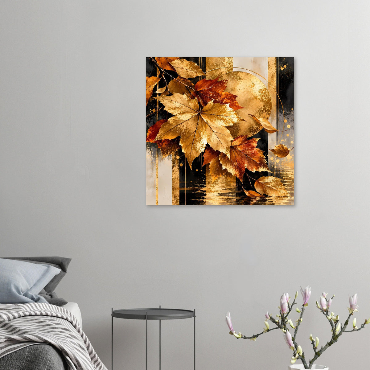 Kleines gerahmtes Poster mit goldenen Ahornblättern, Sonnenkreis und Herbstfarben