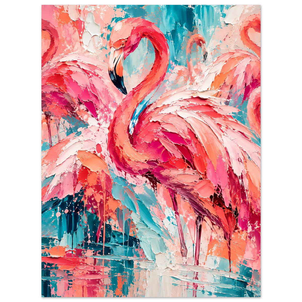 Hochformatiges Flamingo-Poster mit kräftigem Pink-Flamingo und türkisfarbenen Sprenkeln