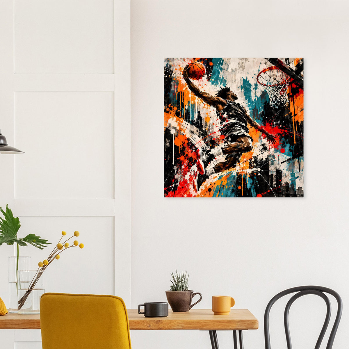 Basketball-Poster mit abstrakter Splash-Art: Spieleraktion mit Ball und Korb, Spritzfarben