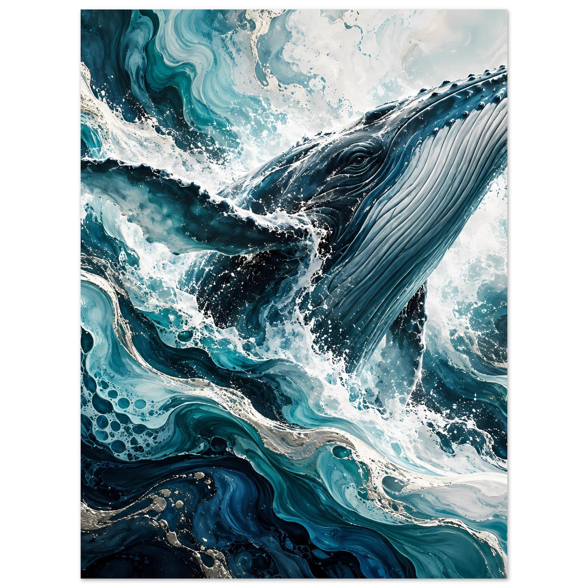 Walmotiv-Kunstposter: Blauwal in dynamischer Pose, oben Wasserwirbel und Sprühnebel