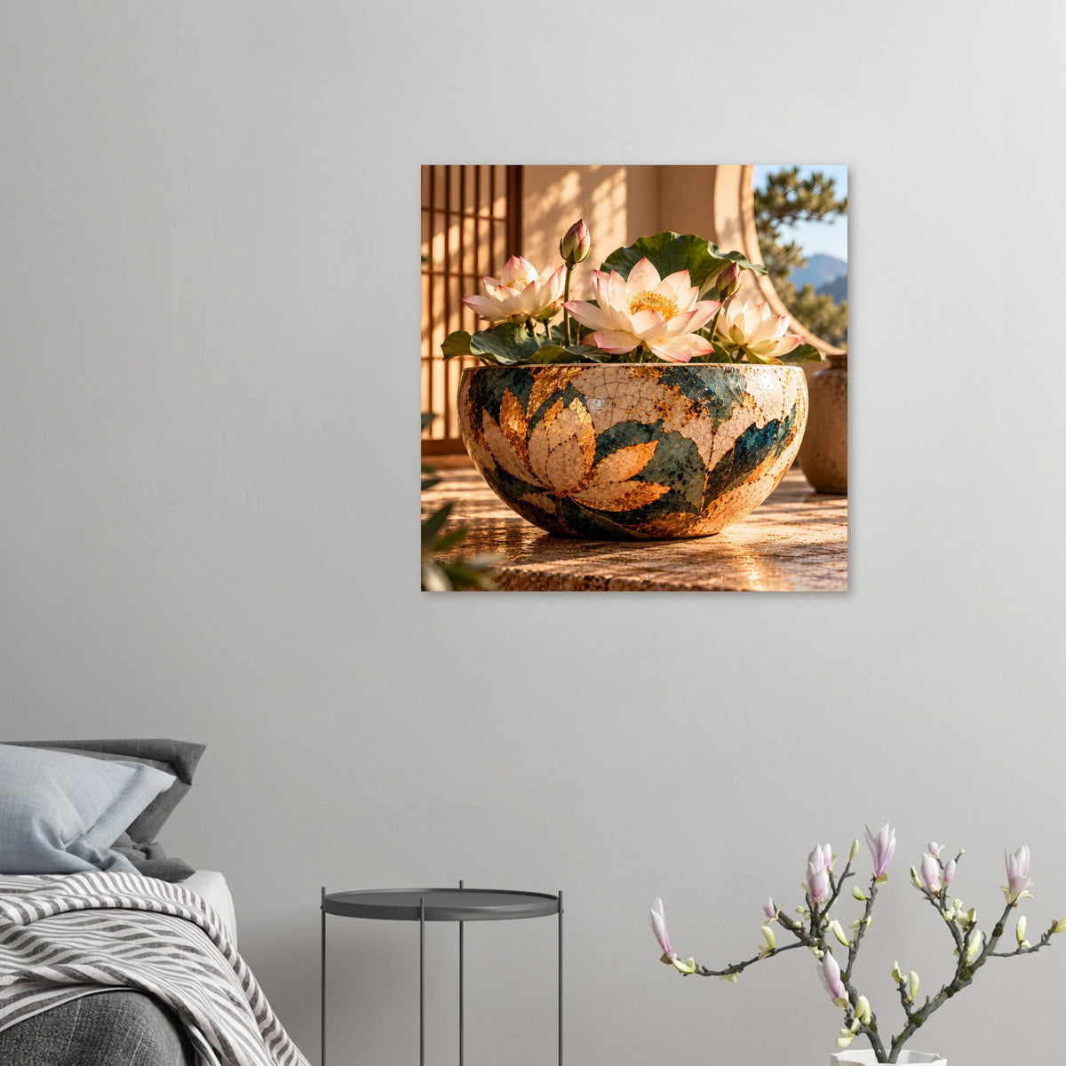 Kleines Lotusblüten-Poster an der Wand: goldene Schale mit rosa Blüten