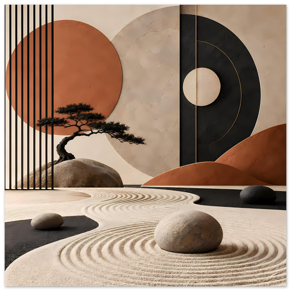Zen-Poster mit Baum, runden Wandformen, Sandspirale und Steinen im Vordergrund