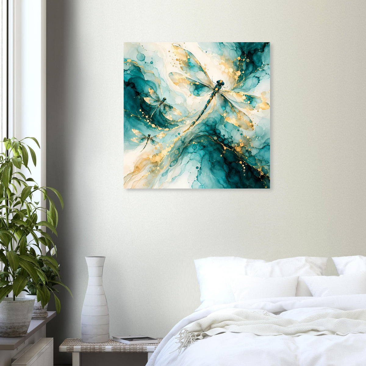 Quadratisches Libellen-Kunstposter mit türkisfarbenen Farbflächen und goldenen Sprenkeln