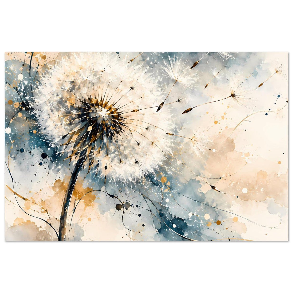 Kunstposter mit Pusteblumen-Illustration, sanfte Blau- und Goldtöne, klare Stiele, Querformat