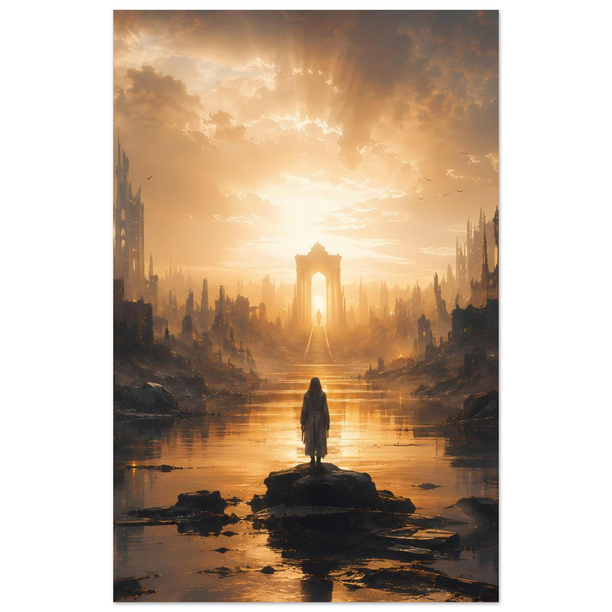 Poster im Hochformat, enger Ausschnitt: Person auf Felsinsel am Fluss vor goldenem Torlicht