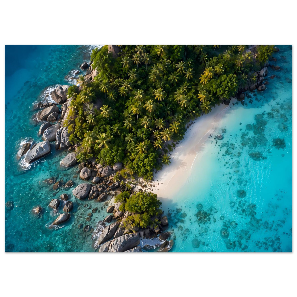 Tropisches Insel-Poster: Palmenhain am Strand, türkisblaues Wasser und Felsen