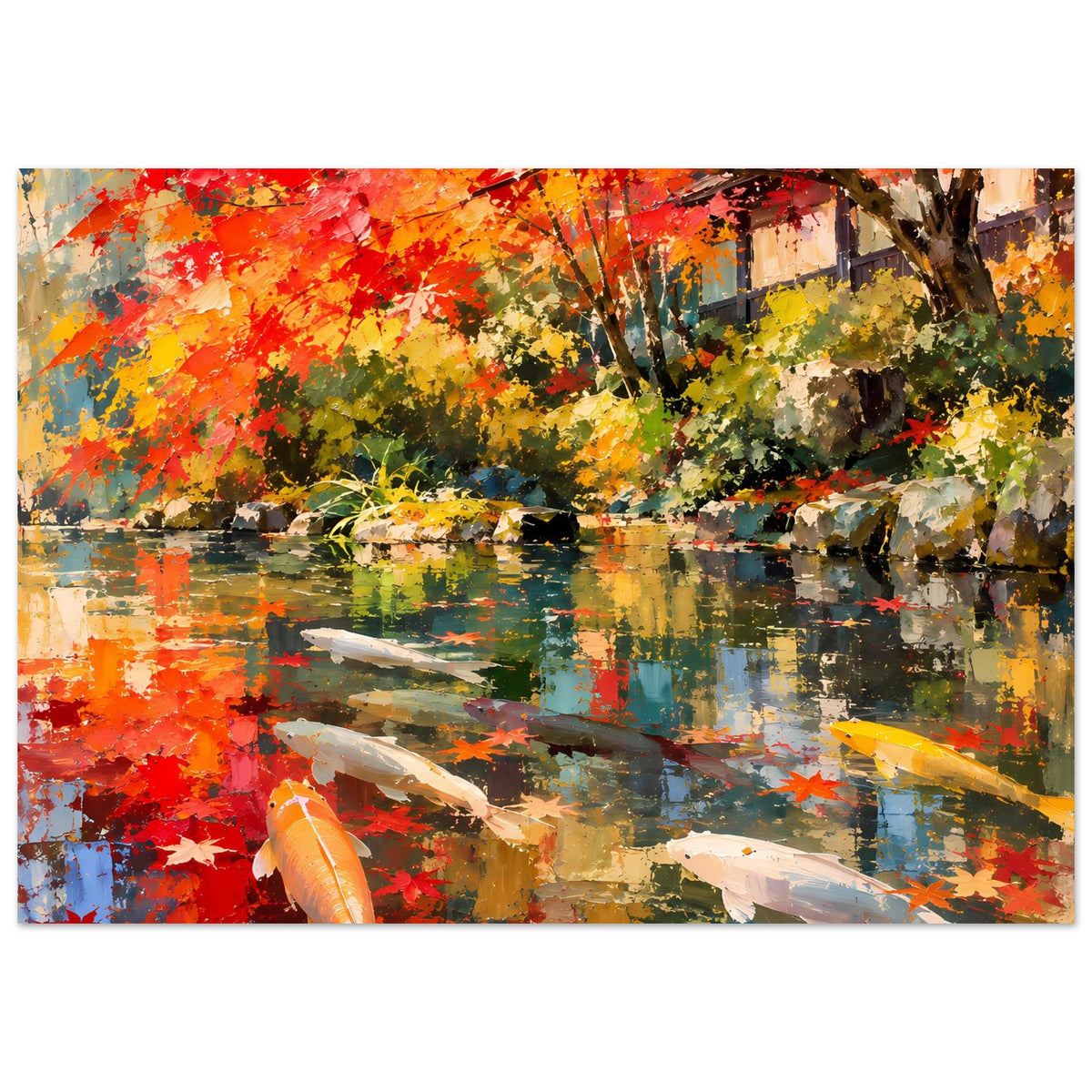 Horizontales Poster mit Koi im Wasser, spiegelnde Herbstfarben und leuchtende Blätter.