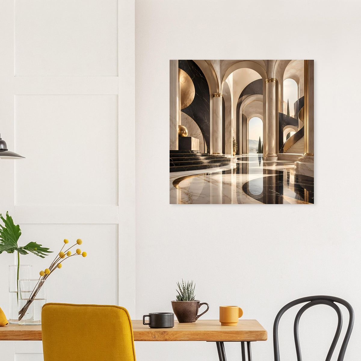 Architekturposter mit goldenen Säulenbögen und dunklem Flur