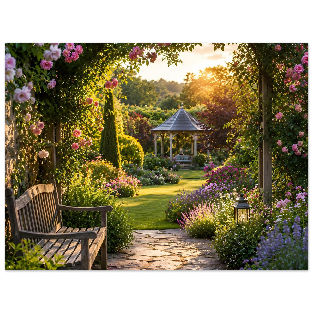 Naturposter mit Gartenweg, Pavillon in der Mitte, blühenden Sträuchern rechts und Holzbank links