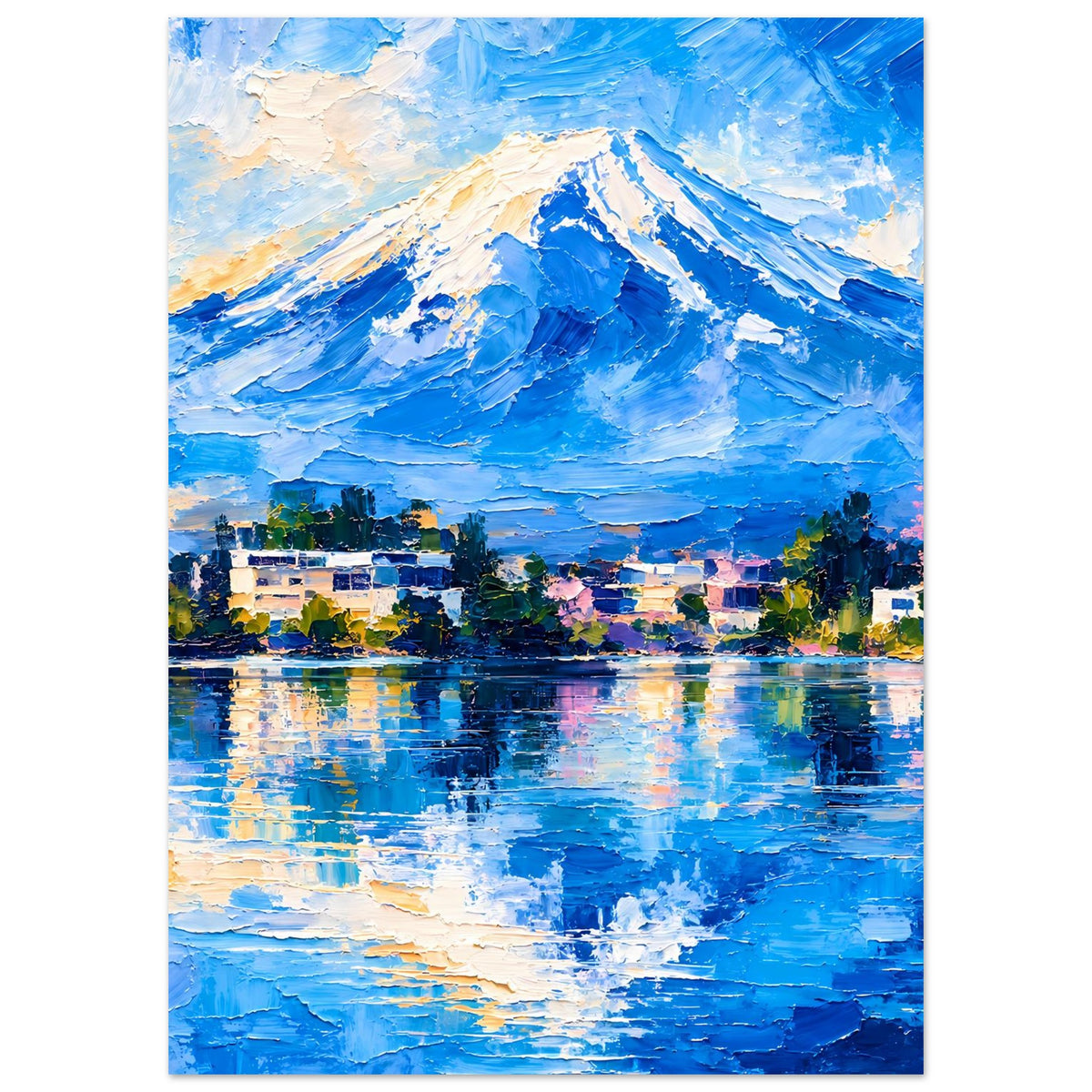 Poster mit Berglandschaft: Berg und Seereflexionen, Stadt am Ufer in kräftigen Farben