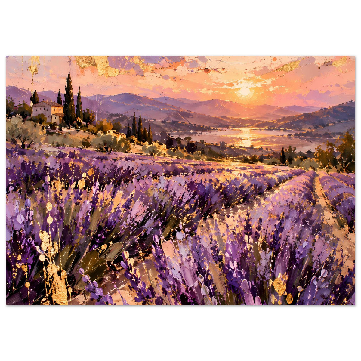 Landschaftsposter mit Lavendelreihen und Dorf links, goldener Sonnenuntergang, horizontal