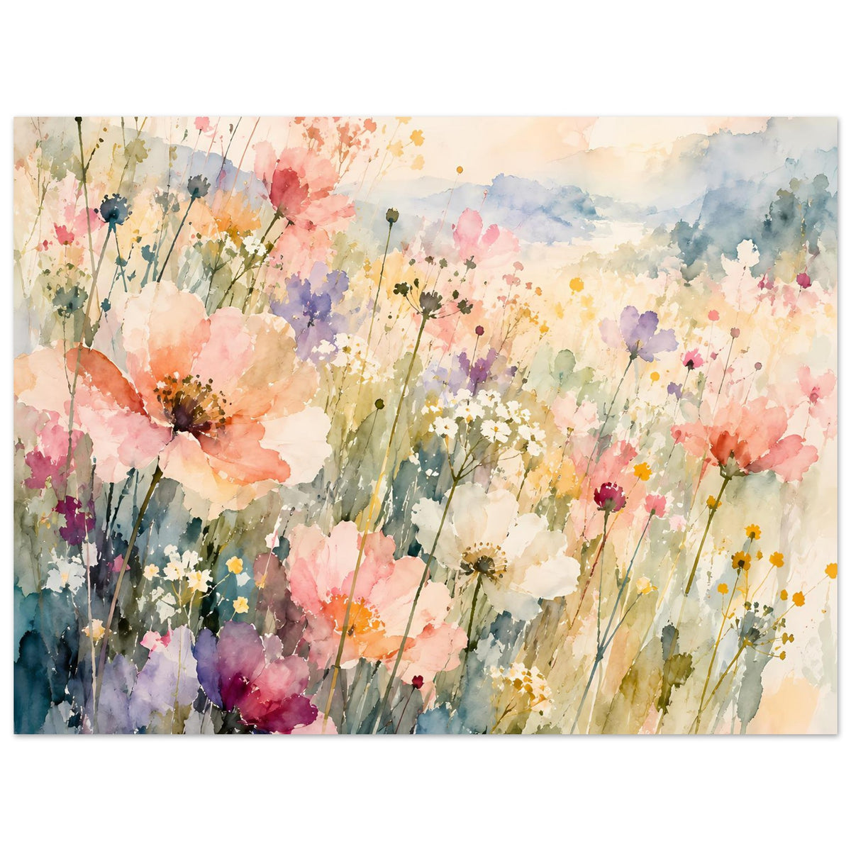 Aquarell-Poster Wildblumenwiese im Pastell, horizontal, zarte Blütenfarben