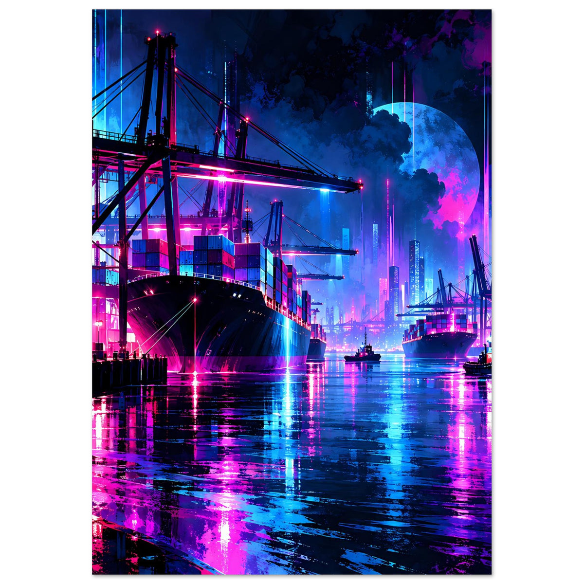 Hochformat-Poster Neon-Hafen-Nachtlandschaft mit Hafenkränen, Schiff auf Wasser und Lichtern