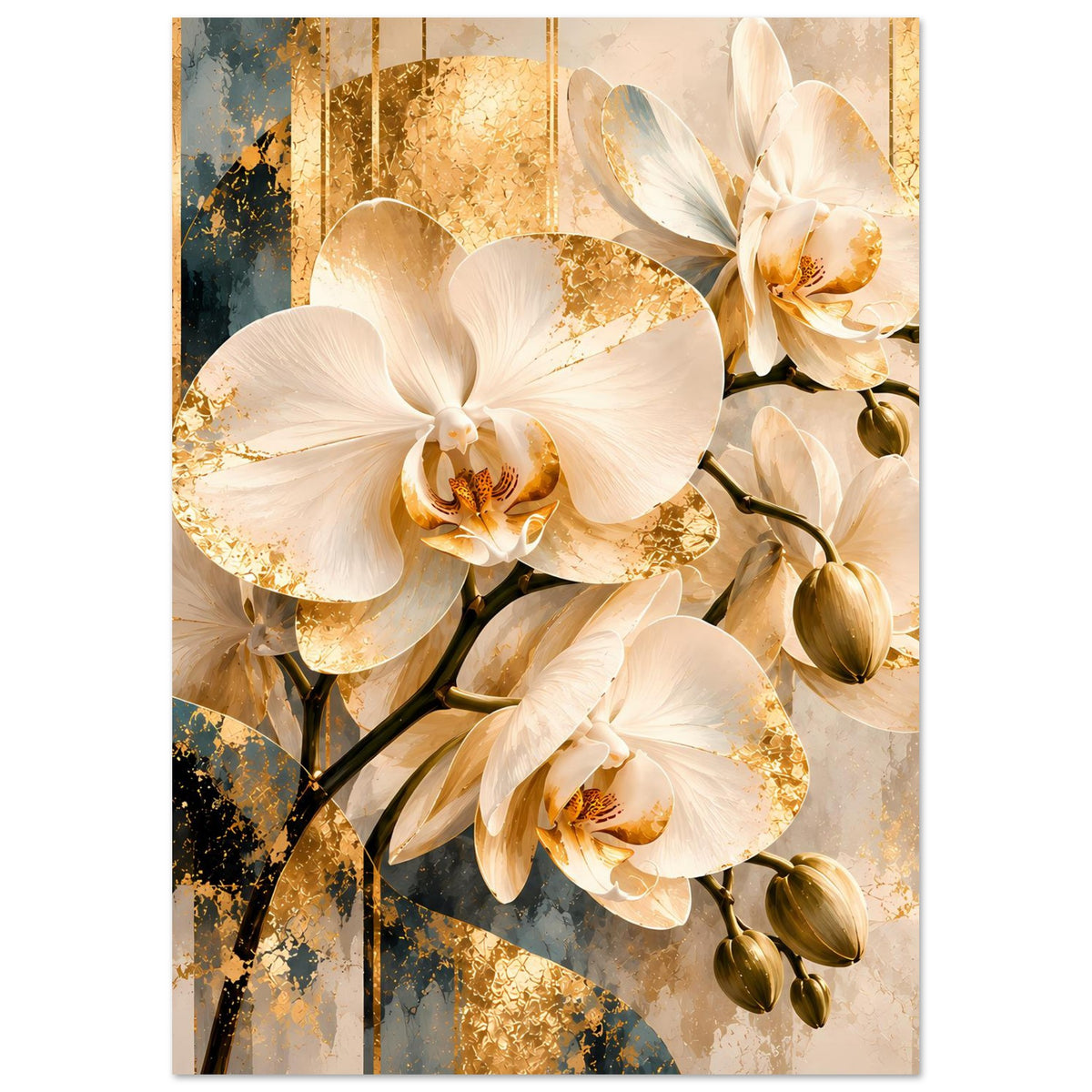 Orchideen-Wandposter mit weißen Blüten, goldenen Texturen und kleinen Knospen seitlich.