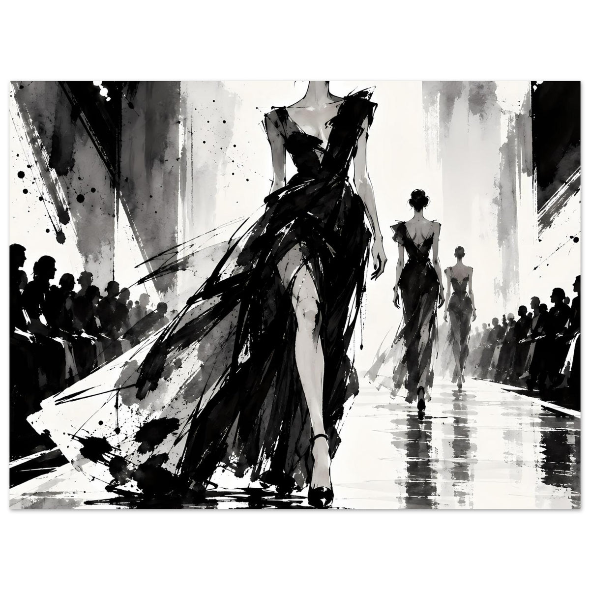 Mode-Illustrationsposter Schwarzweiß: Vorderfigur im langen Kleid mit schraffierter Textur
