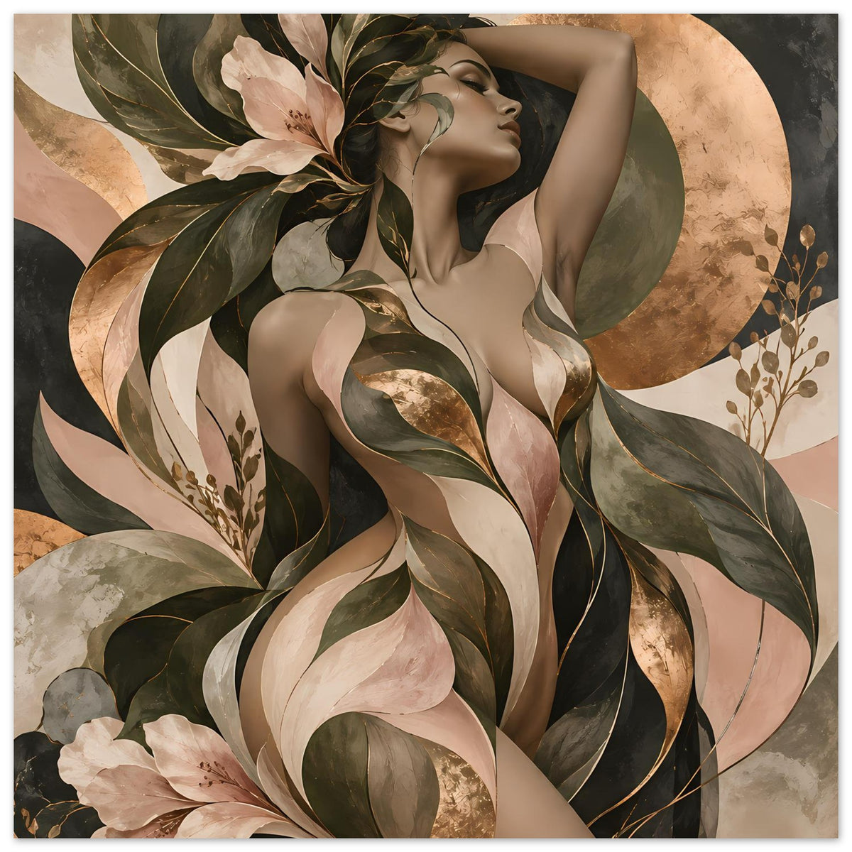 Poster mit Frauenakt, Blüten und Blättern im Blattkranz, Erdtöne und Gold