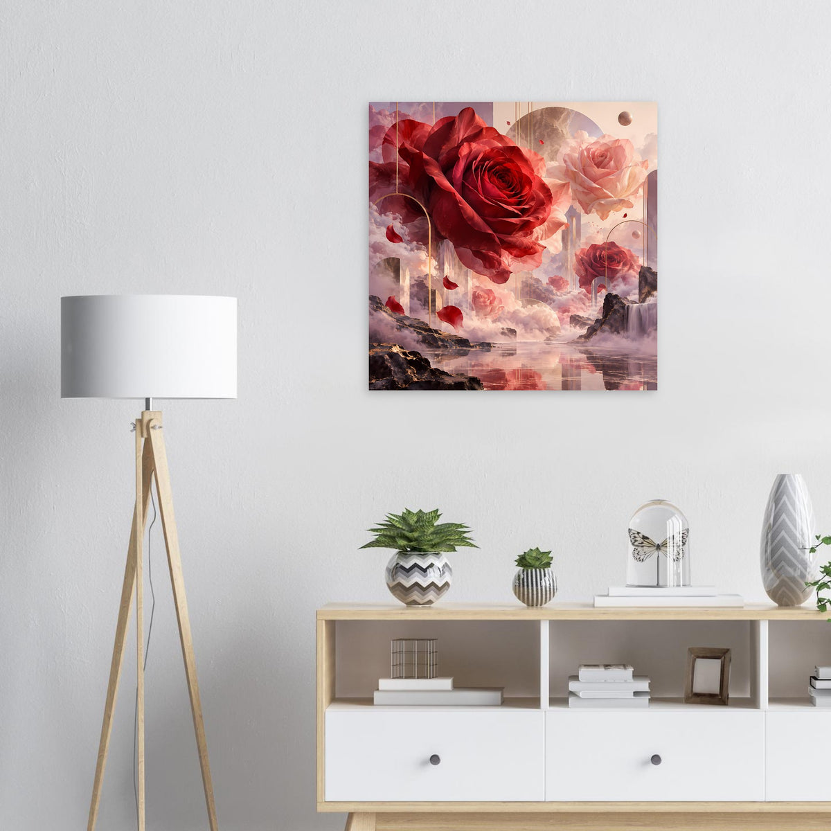 Quadratisches Poster mit roten und rosafarbenen Rosen auf abstraktem Wolkenhintergrund
