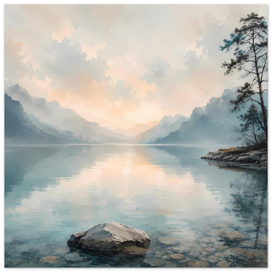 Landschaftsposter mit ruhigem See, Bergen, pastellfarbenem Himmel und Fels im Vordergrund