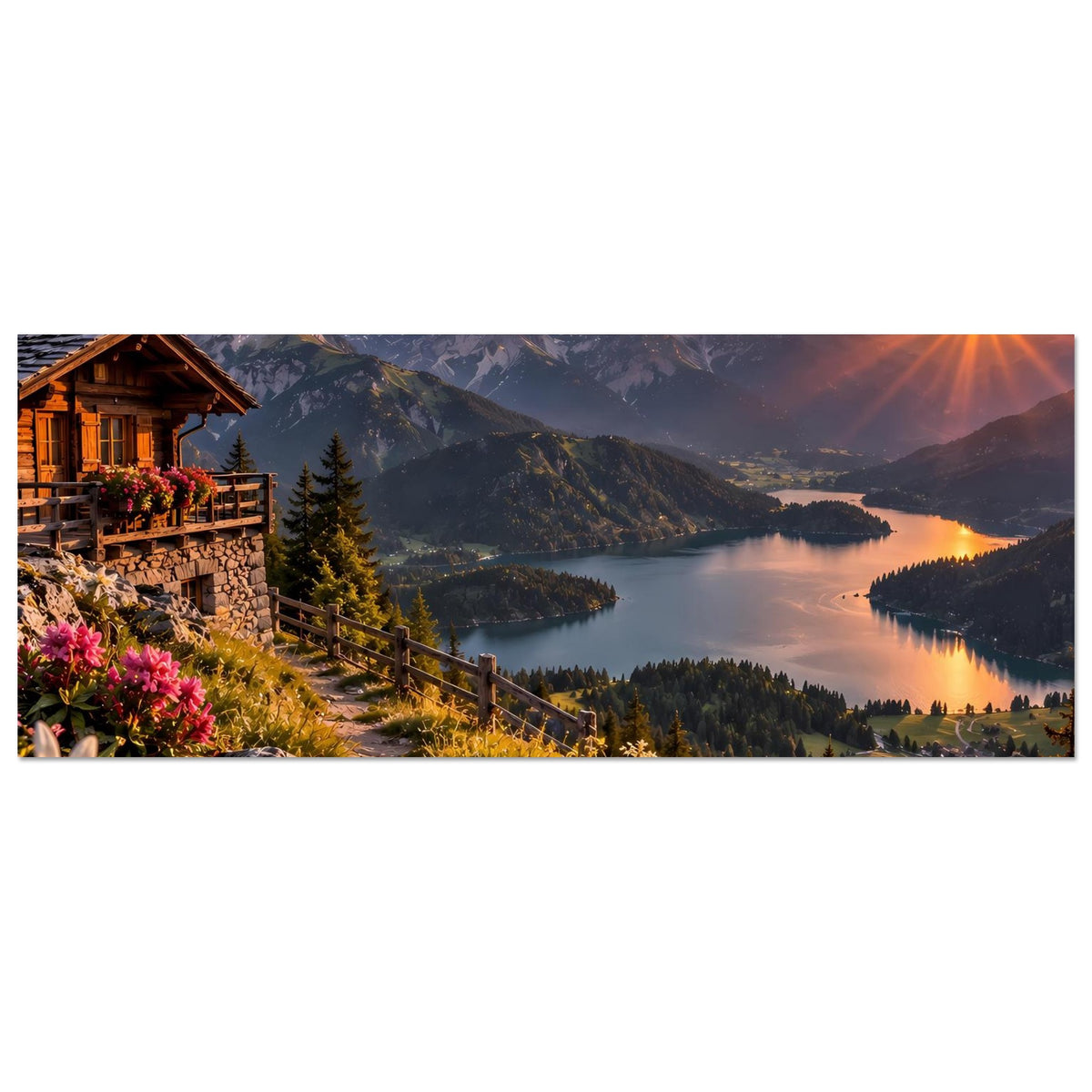 Horizontales Poster mit Alpenlandschaft bei Sonnenuntergang, schmaler Ausschnitt mit Haus am Hang