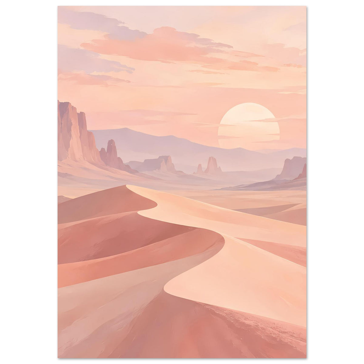Wandposter mit Dünenkämmen, entfernten Bergbergen und großer Sonne am Horizont