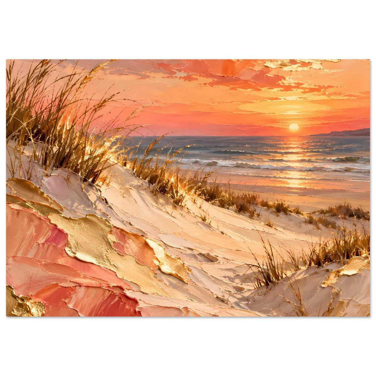 Strandposter: Strandgras vor Meer und goldenen Lichtstreifen, warmes Farbspiel