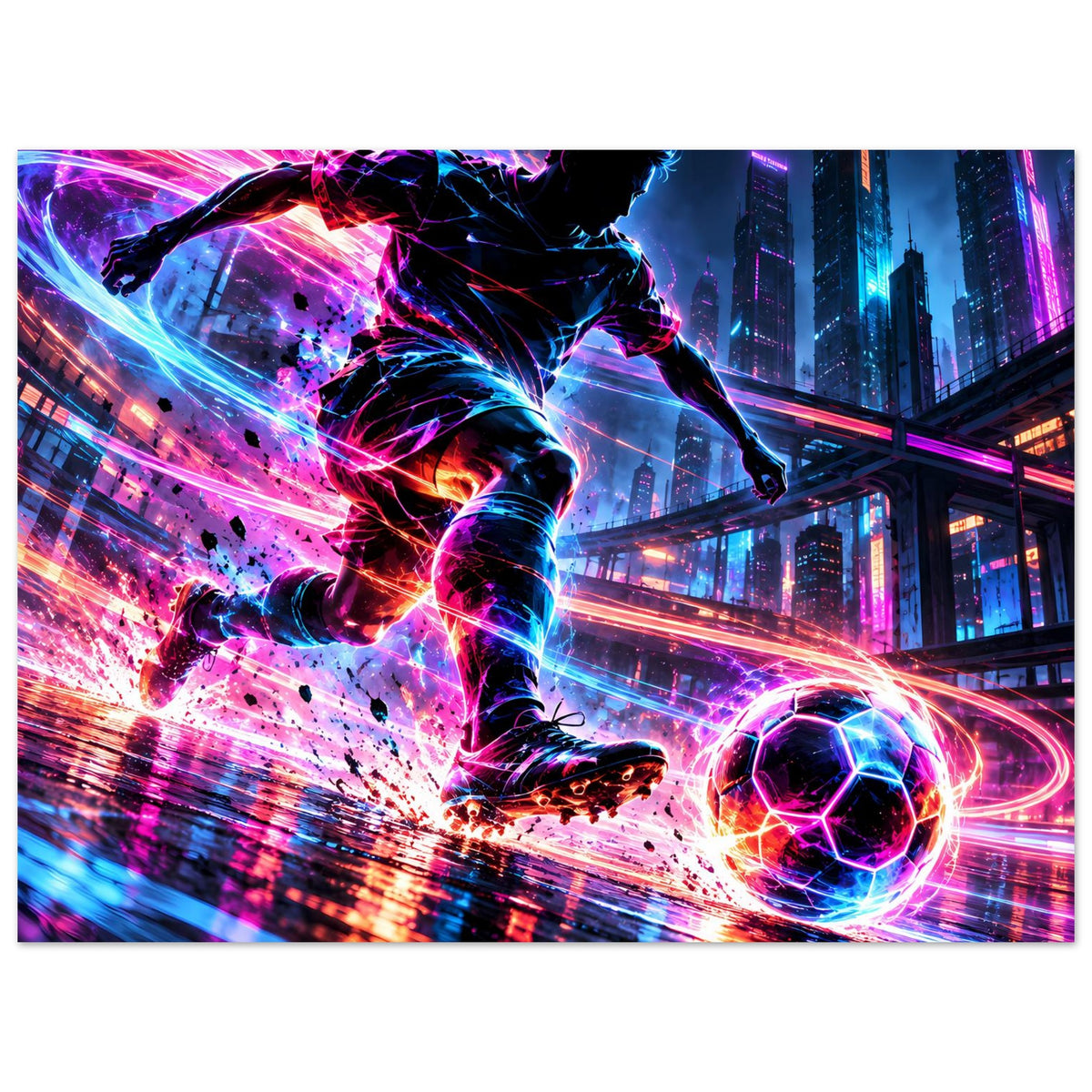 Neon-Soccer-Actionposter im Querformat: Fußballer mit Leuchtspur, Ball mit Neon-Konturen
