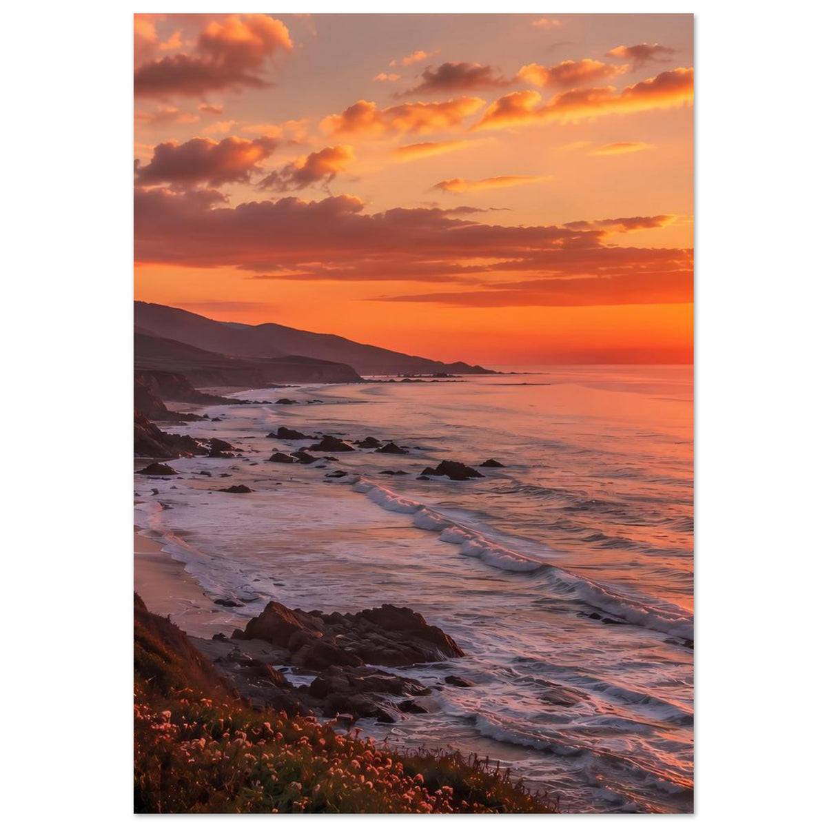 Poster: Sonnenuntergang über Küste, orangefarbener Himmel, Strand, ruhiges Meer und Felsen