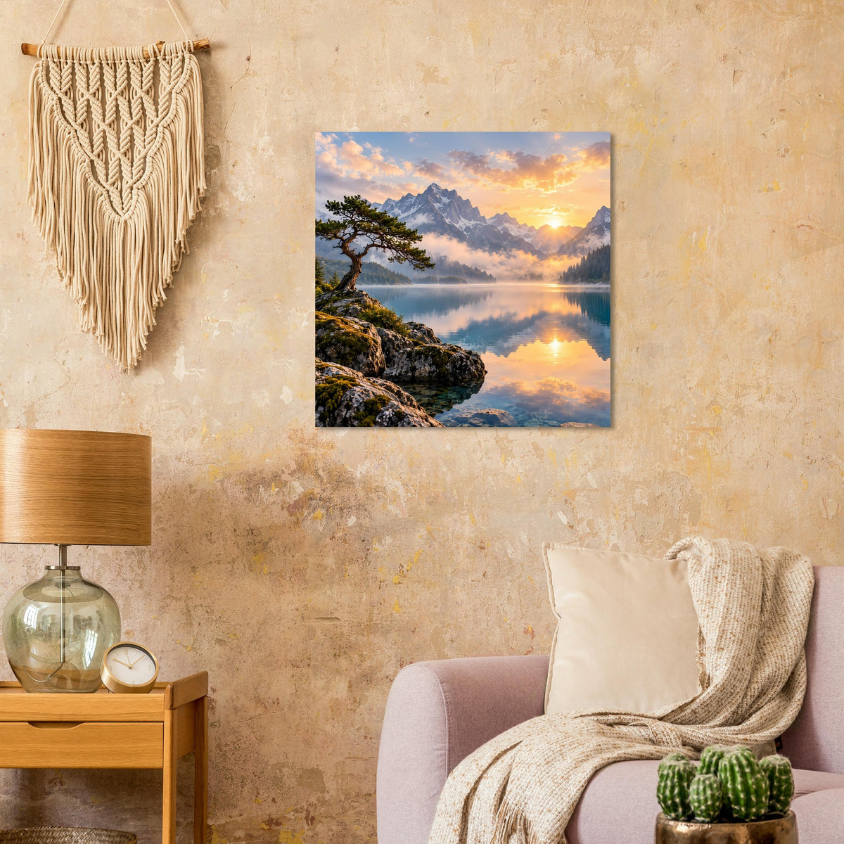 Poster mit Bergpanorama, Sonnenaufgang am Horizont und Reflexion im ruhigen Wasser