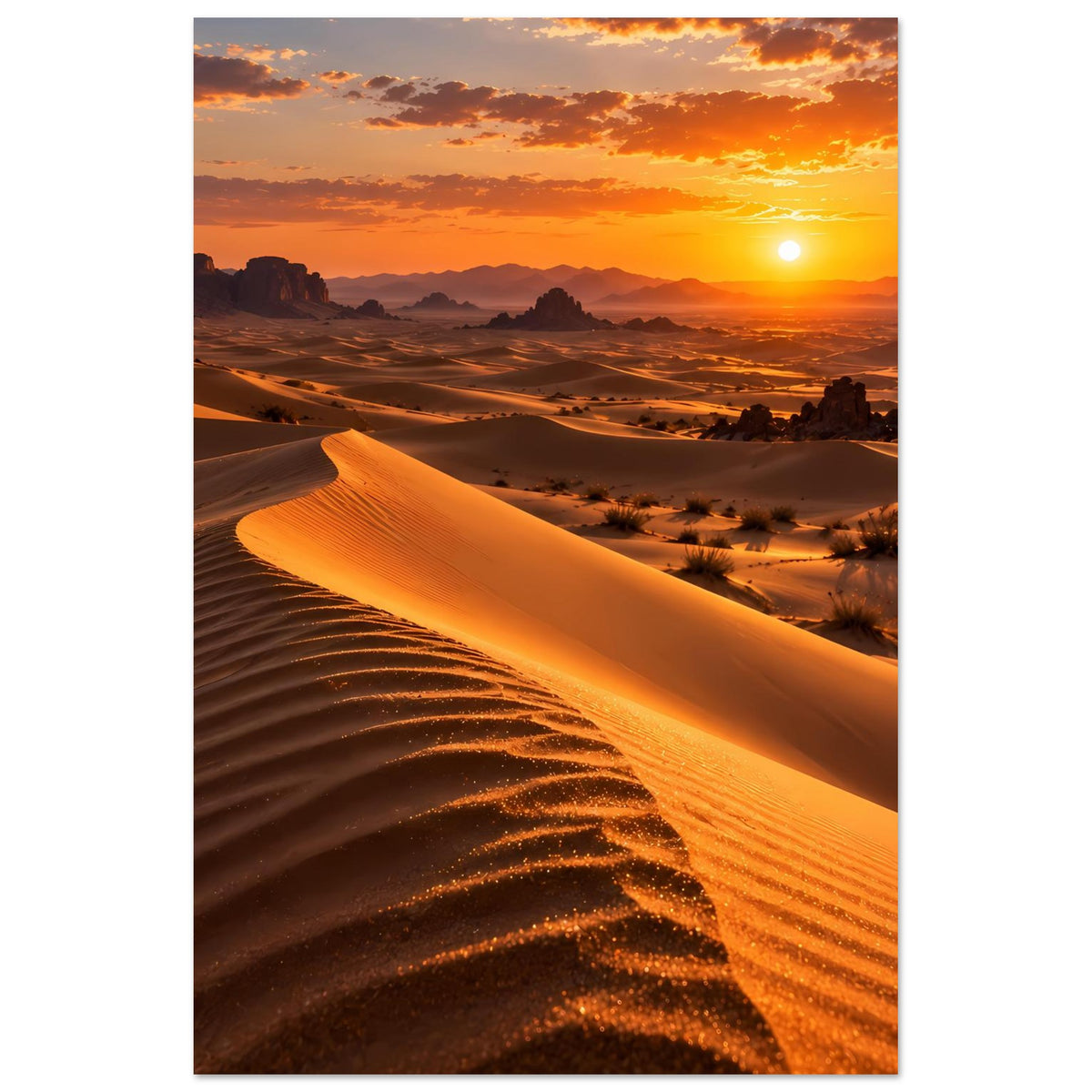 Hochformatiges Poster mit Wüstendünen und Sonne am Horizont, warme Stimmung