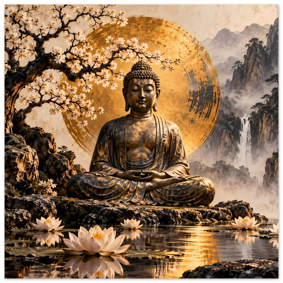Poster: sitzende Buddhafigur mit goldener Aura, Kirschblüten, Lotusblumen, Wasser und Berge