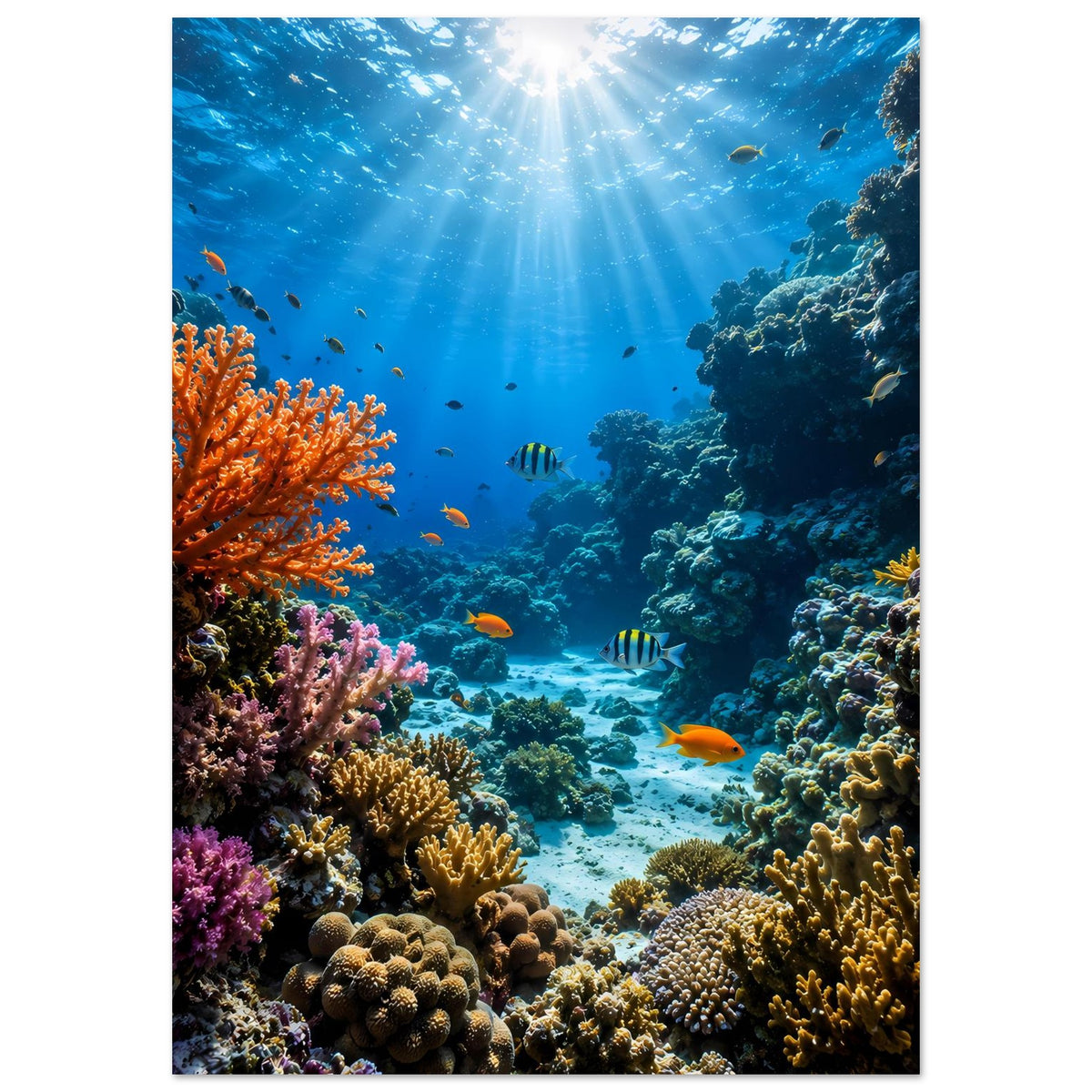 Unterwasser-Poster, Hochformat: Korallenriff links und rechts, Fische im blauen Wasser