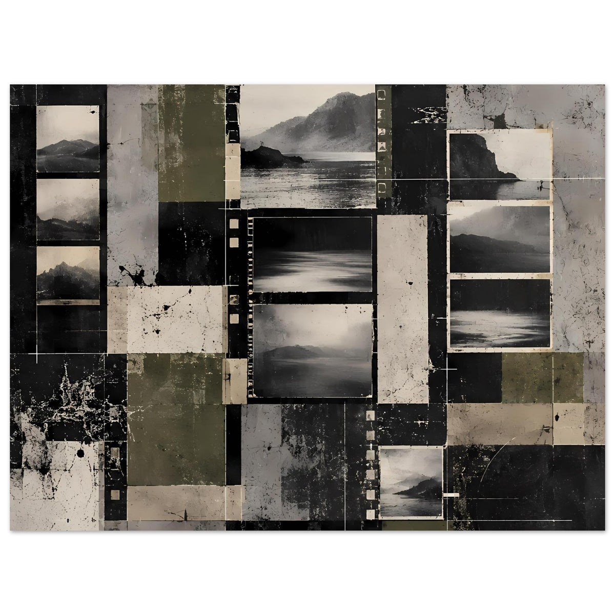 Abstraktes Vintage-Landschafts-Poster, horizontal, schwarz-grau-beige, collageartiger Landschaftslook