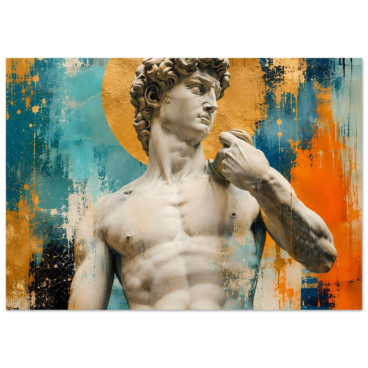 Poster mit Michelangelos David im goldenen Kreis, Ganzansicht des Standbilds