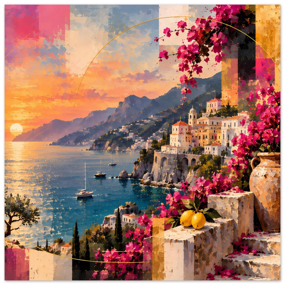 Poster mit Küstenstadt am Wasser bei Sonnenuntergang, pinke Bougainvillea und gelbe Zitrusfrüchte