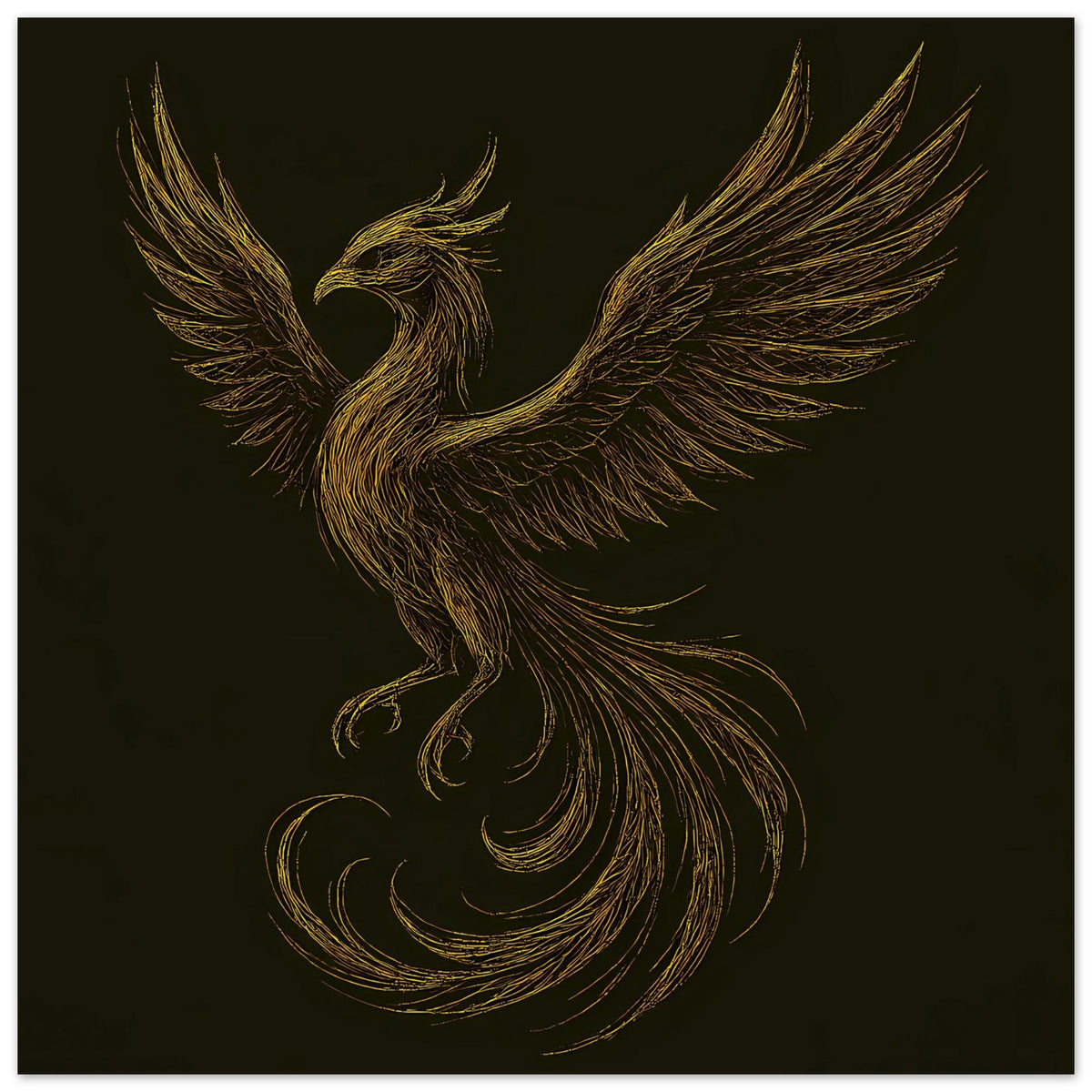 Poster mit goldenem Phönix mit ausgebreiteten Schwingen auf dunklem Hintergrund