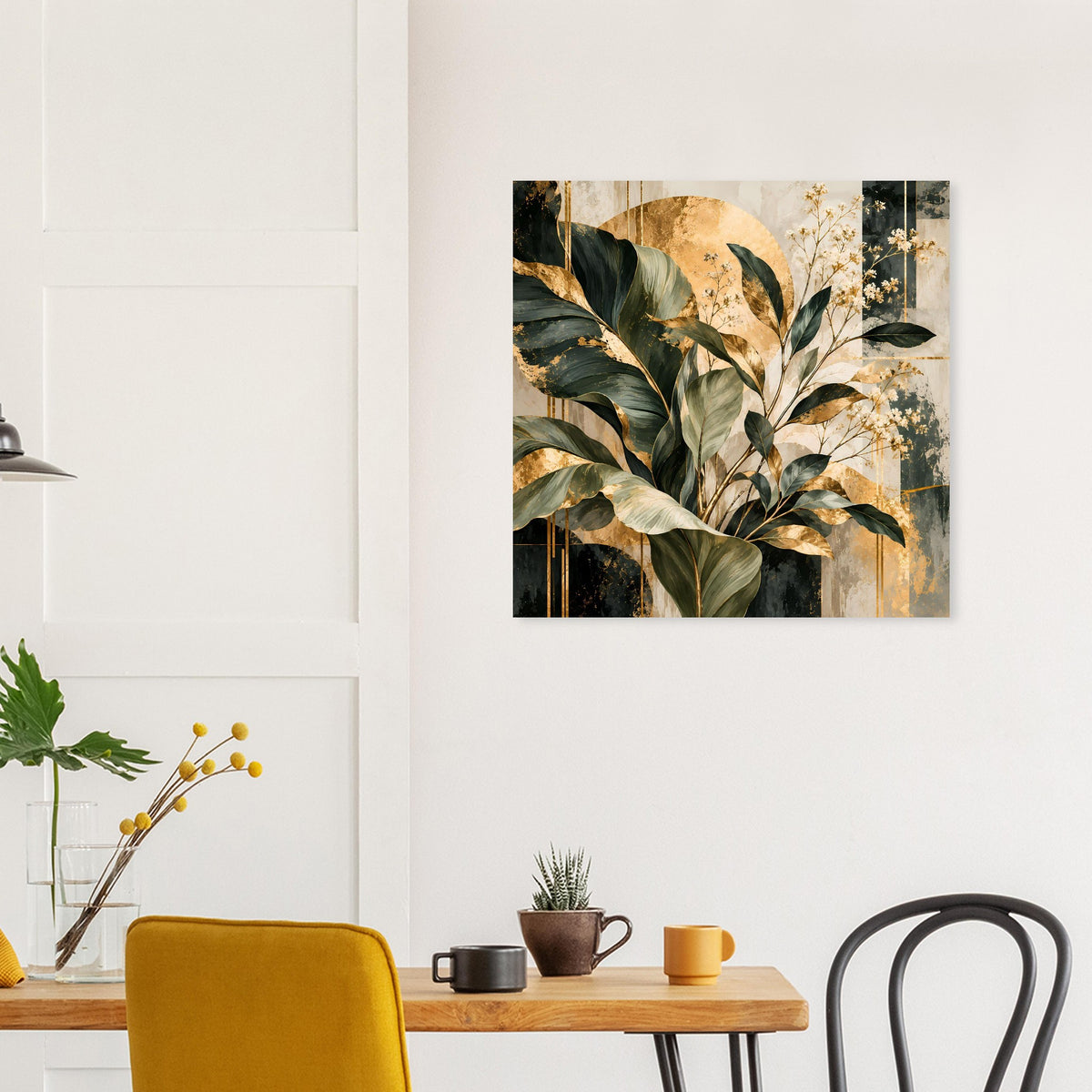 Premium-Poster mit großem Blattmotiv in Grün und Gold, quadratisch