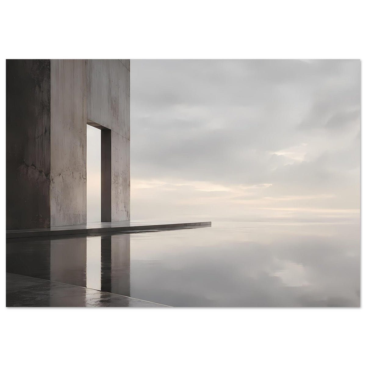 Architekturposter im Querformat mit Betonfassade, reflektierender Fläche und Wolken