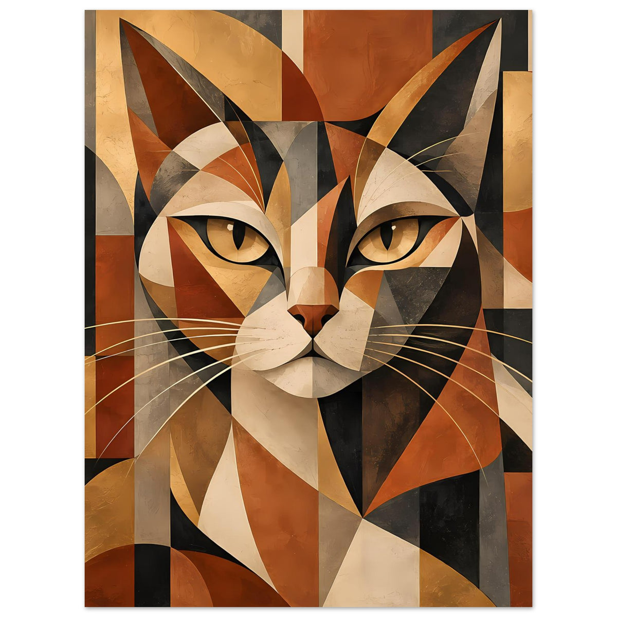Gerahmtes Poster: geometrische Katze mit gelben Augen, weißen Schnurrhaaren, warm
