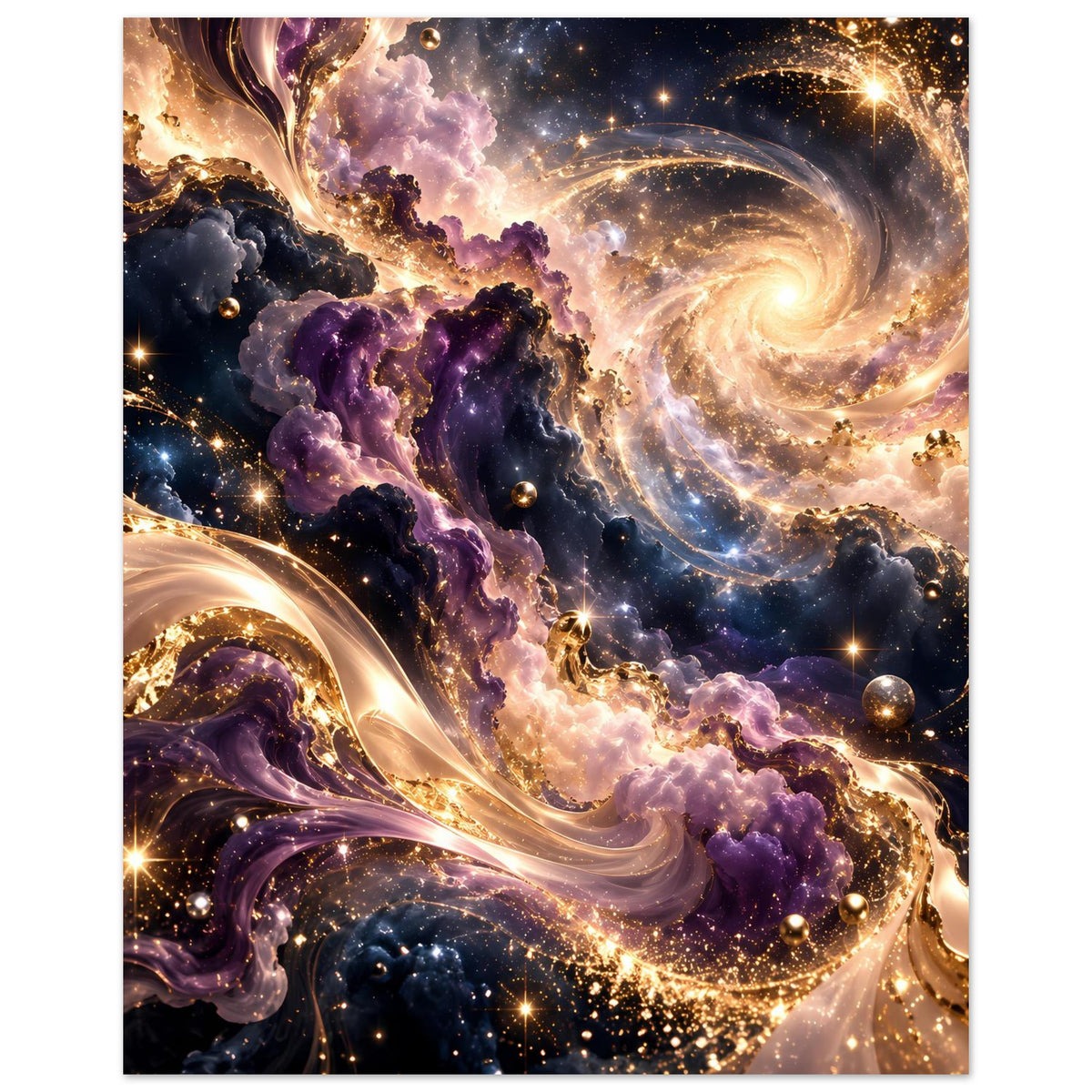 Kunstdruck im Hochformat: Spiralender Kosmos, goldene Ströme, violette Wolken und Sterne.
