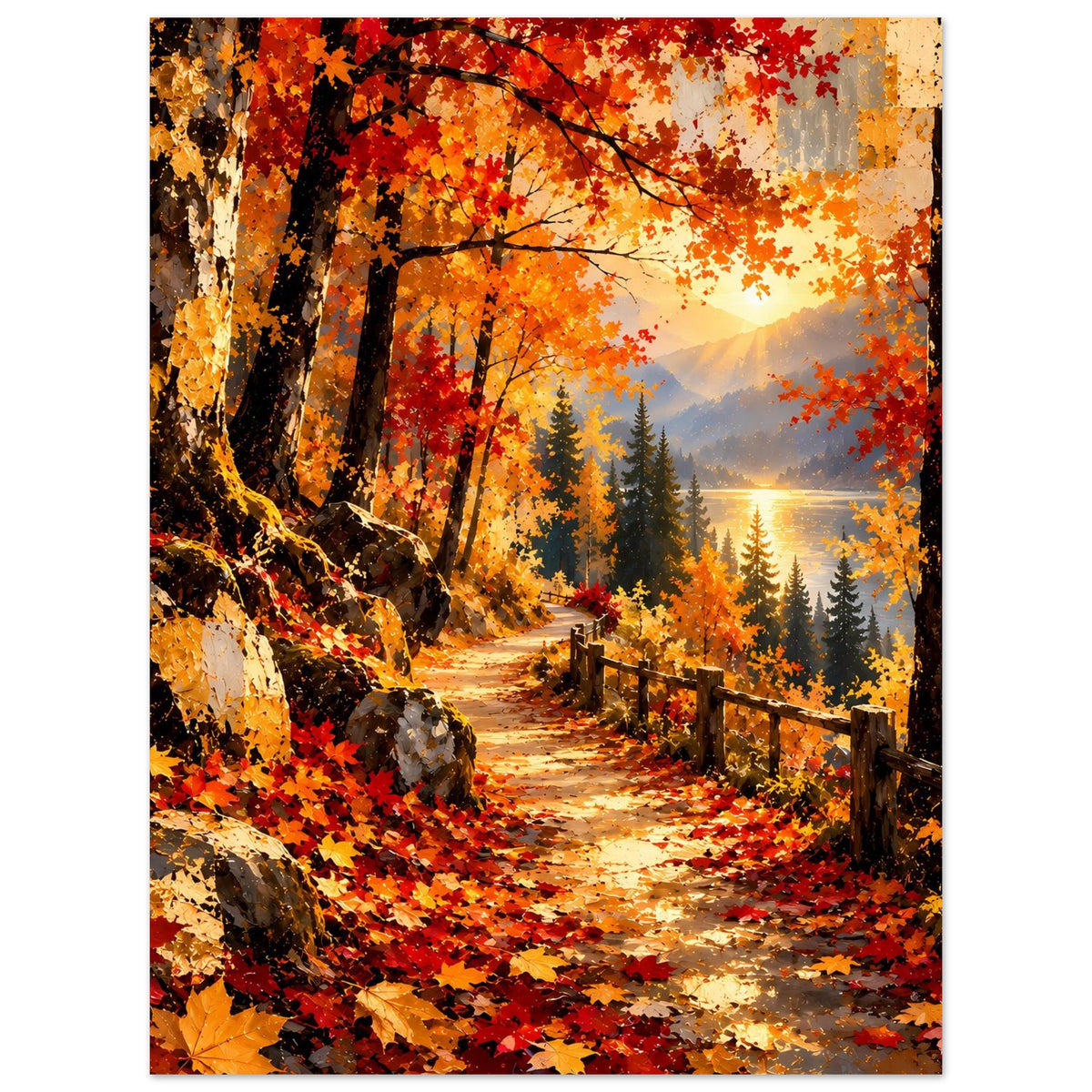 Herbstposter: schmaler Weg durch den Wald, leuchtendes Laub und Zaun am Rand