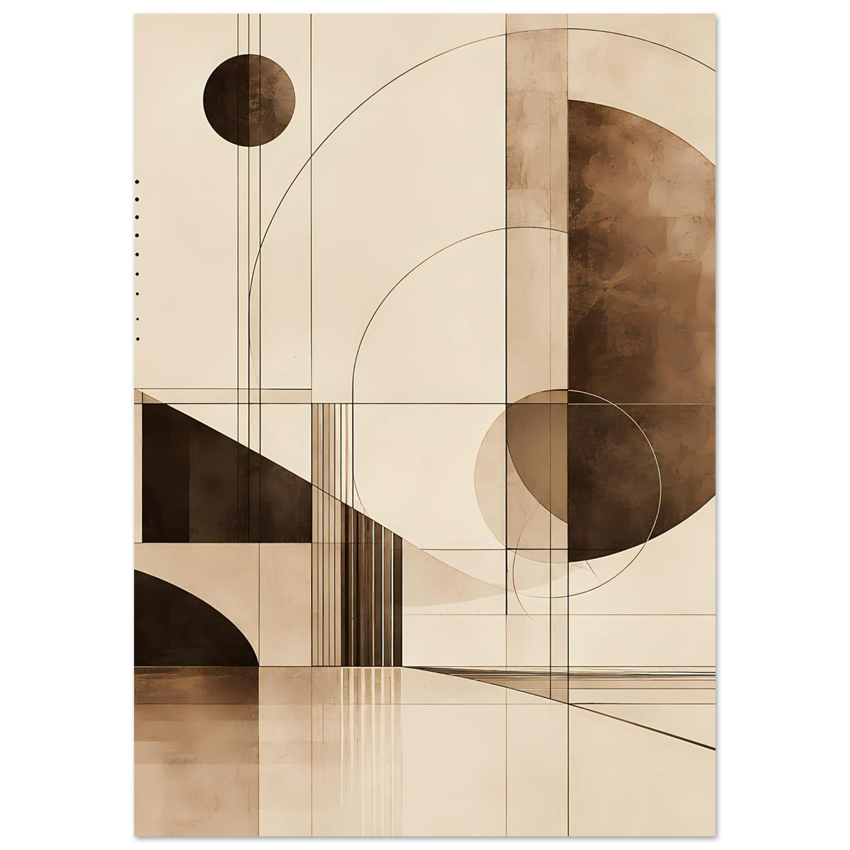 Kunstdruck im Bauhaus-Stil in Sepia: Kreis, Rasterlinien, schmale Streifen und Blockformen.