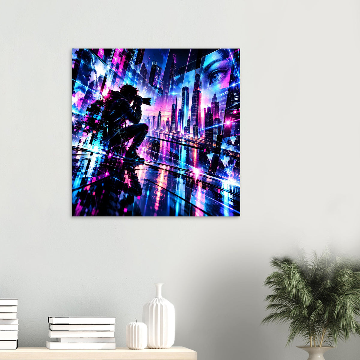 Neon-Cyberpunk-Stadtposter, quadratisches Motiv mit Silhouette und Neon-Skyline