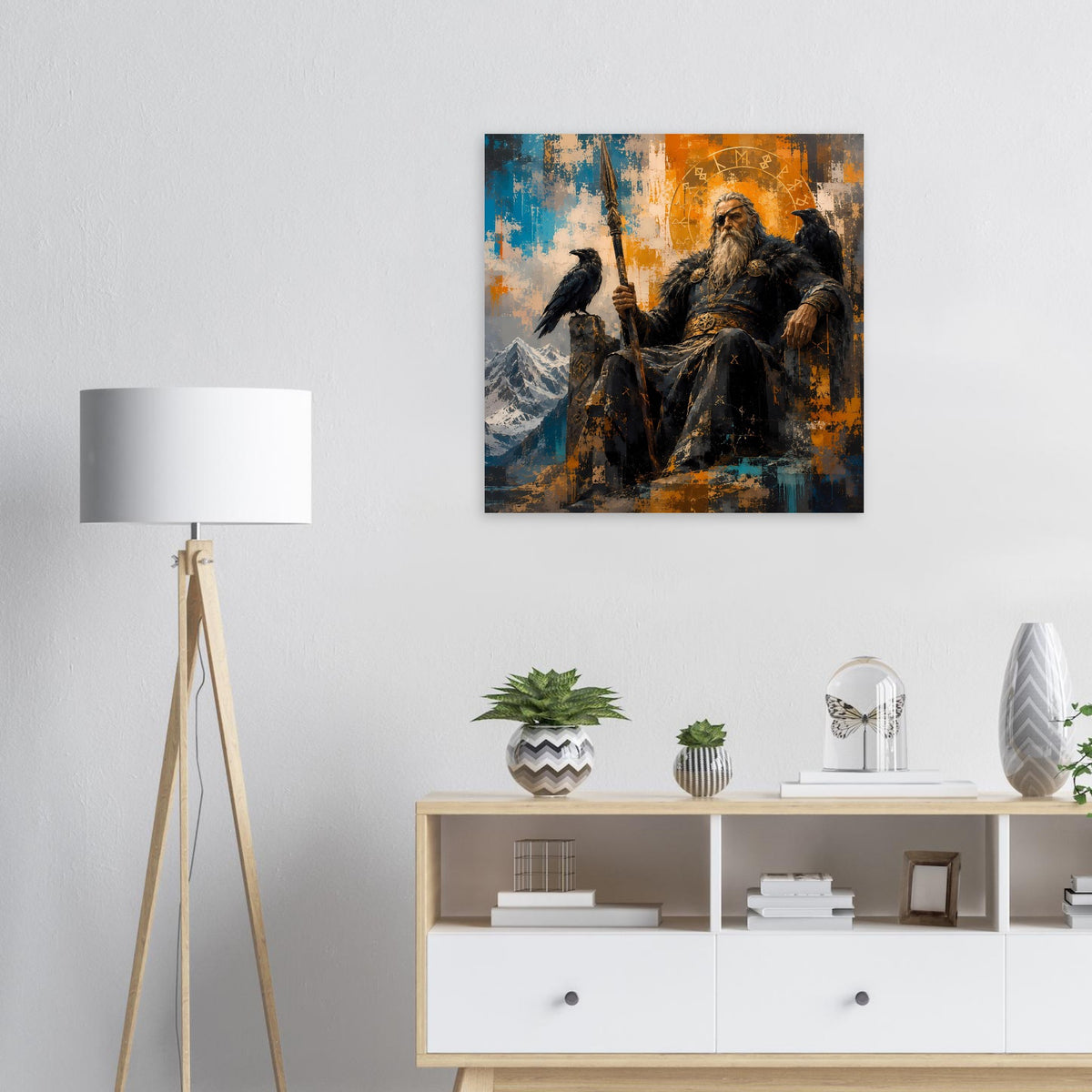 Poster zeigt Odin mit langem Bart und Rabe, umgeben von blauem und orangefarbenem Farbauftrag