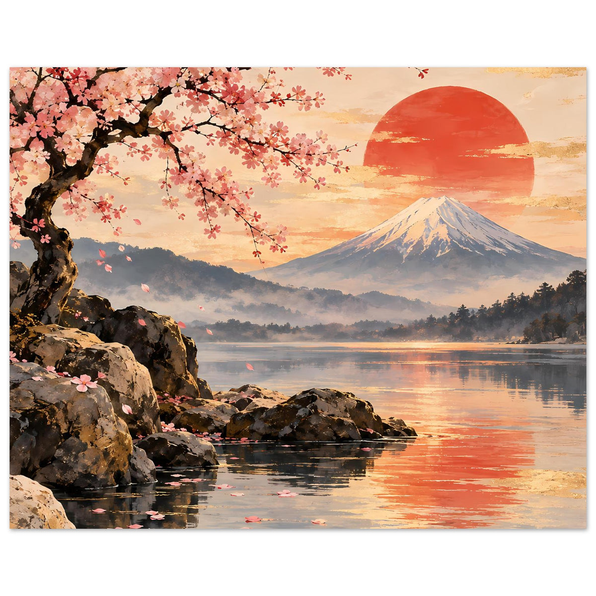 Wandposter im Querformat mit Kirschblütenzweig, Mount Fuji im Dunst, See mit Reflexionen