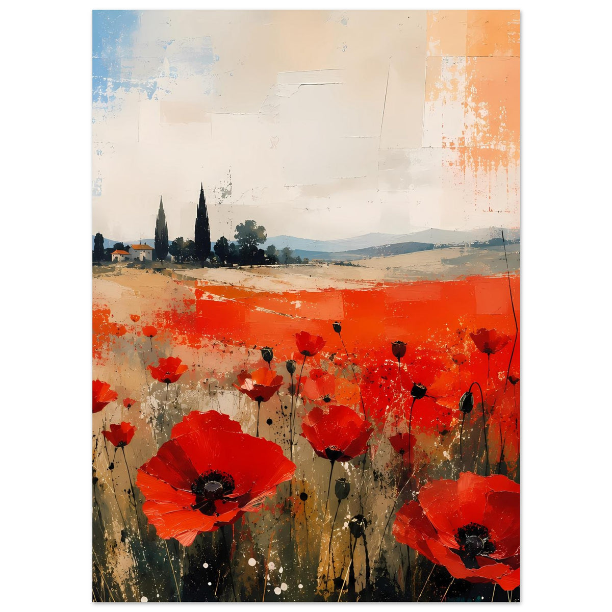 Poster mit roten Mohnblumen und stilisierten Landschaftsformen