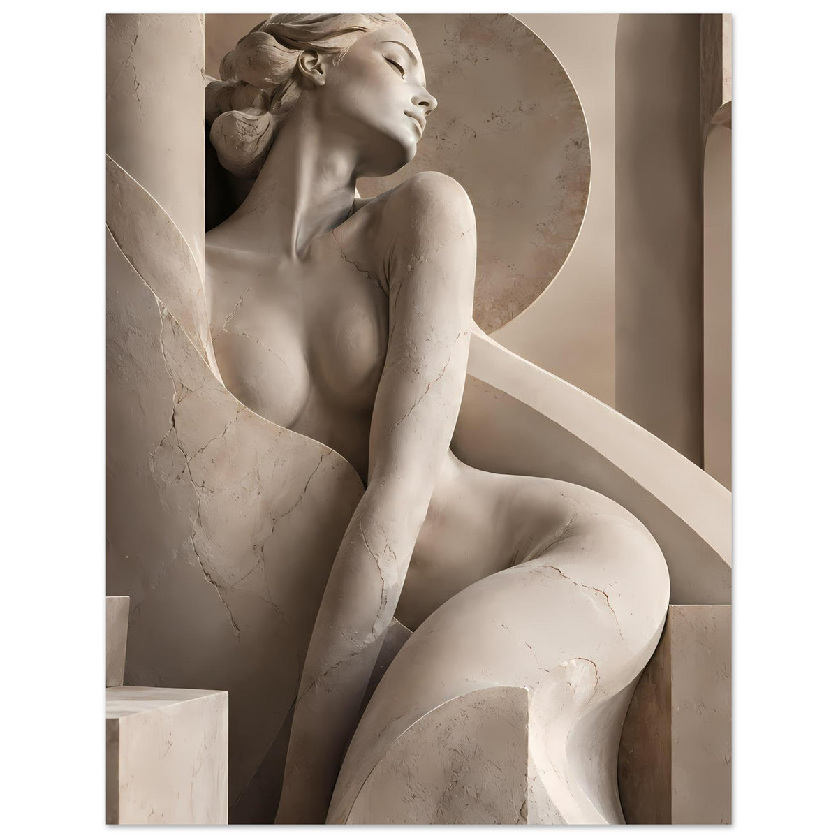 Skulpturen-Porträtposter: nackte Frauenfigur, Seitenprofil, ruhige Pose in Beige-Tönen