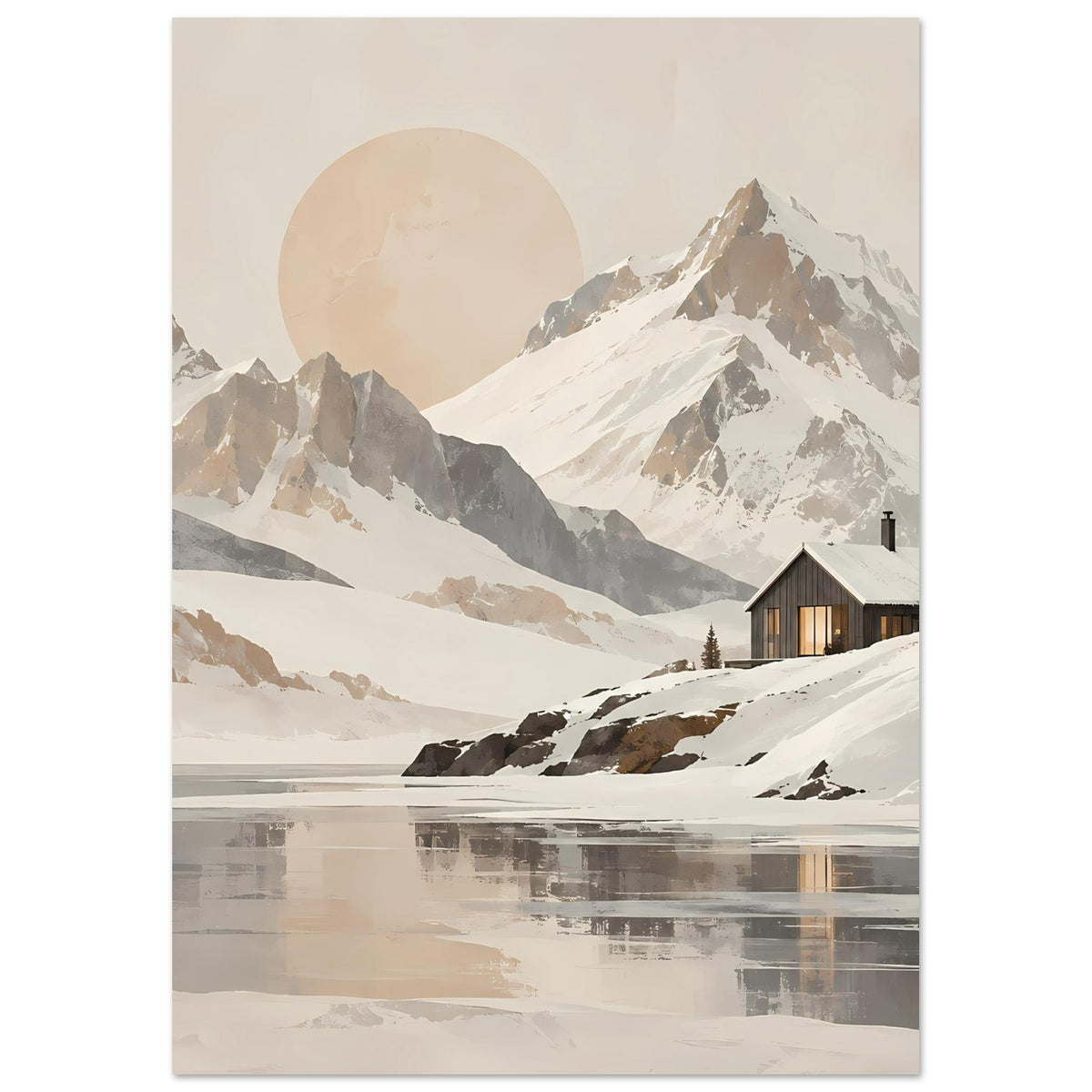 Poster mit verschneitem Gebirge, Mond im Himmel, Holzhütte am Hang und Spiegelwasser