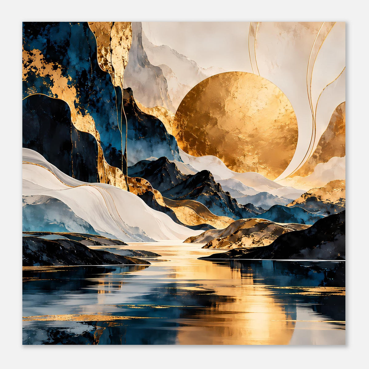 Abstraktes Kunstposter mit goldener Sonne, dunklen Hügeln, weißen Streifen und klaren Wasserreflexen