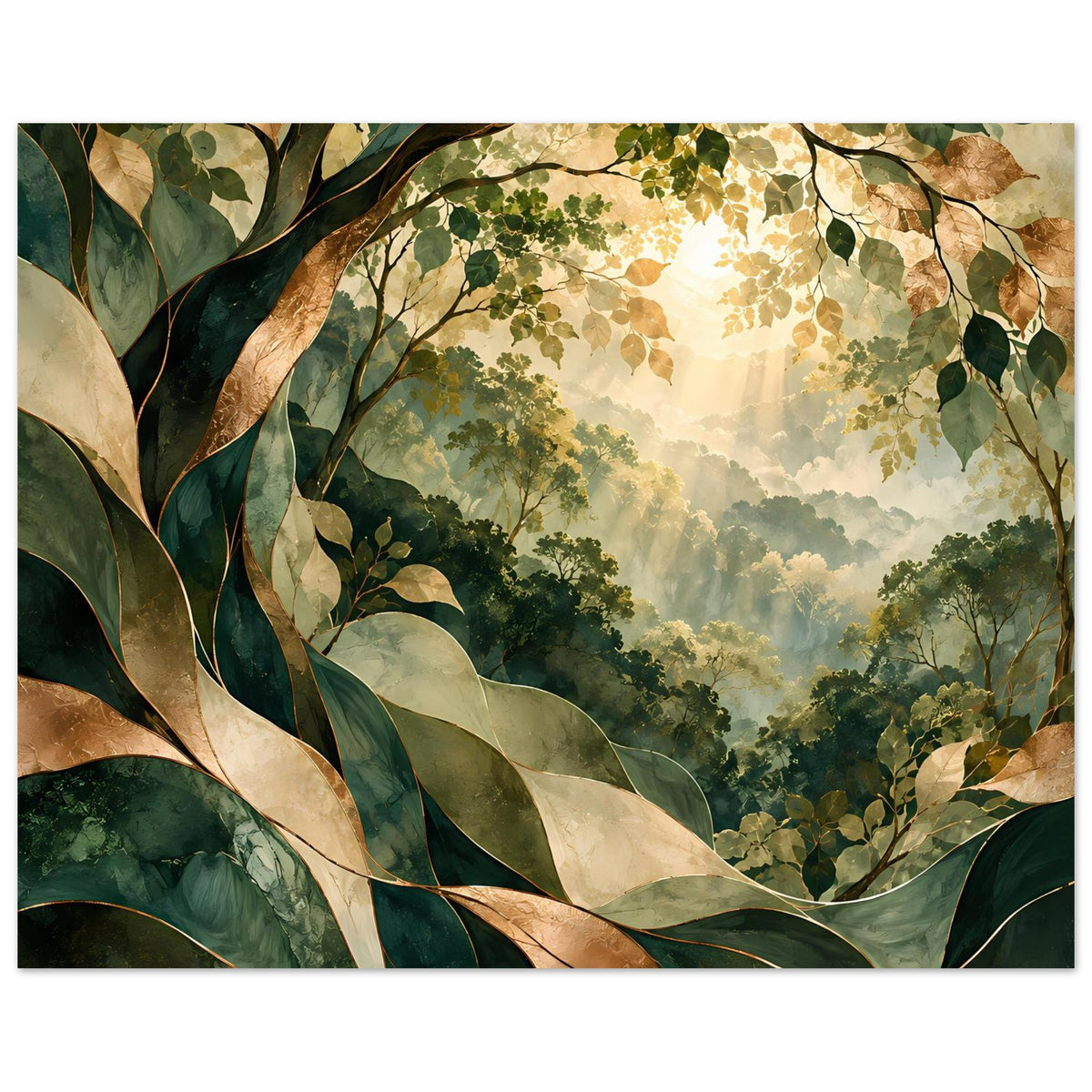 Horizontales Naturposter mit grünen und goldenen Blättern, Lichtstrahlen im Wald