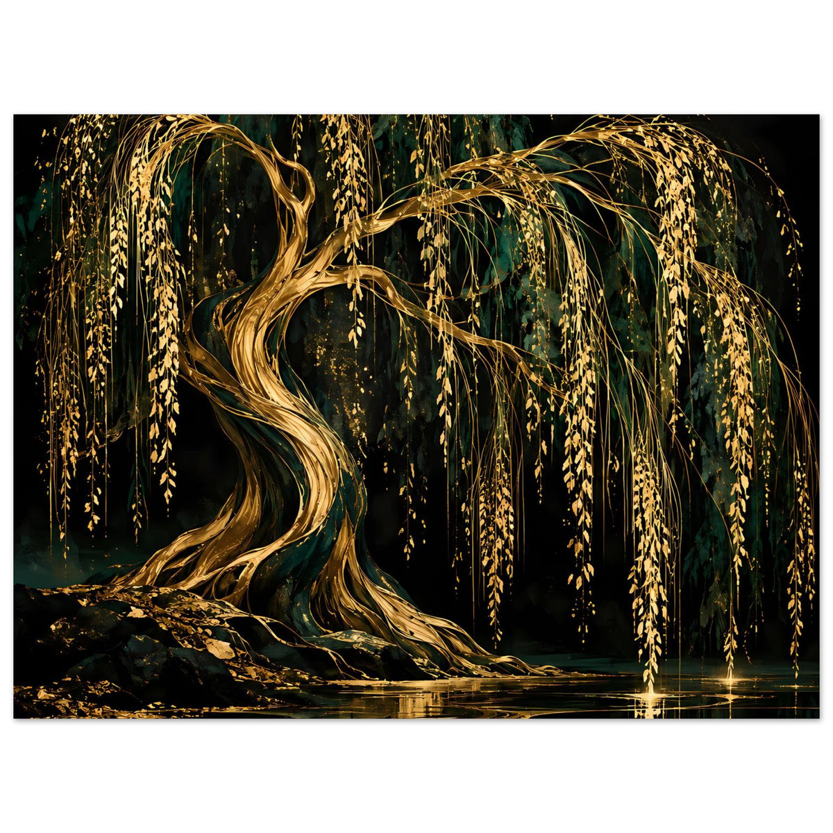 Breites Poster: gold-grüner Weidenbaum, Wasserfläche mit leuchtendem Lichtreflex